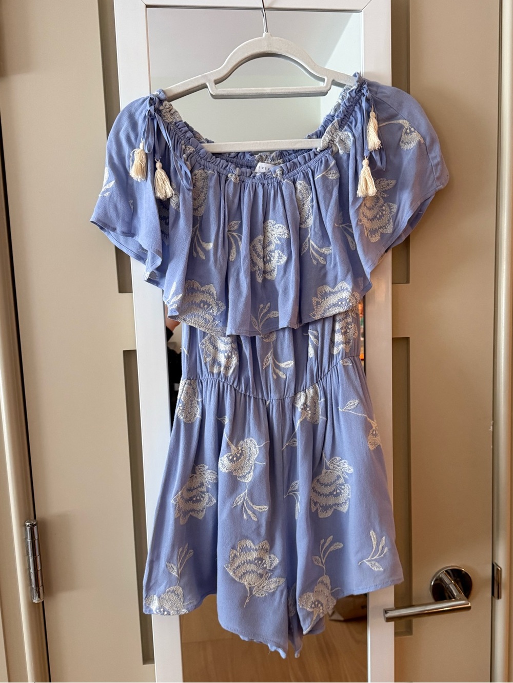 Lush Dusty Blue Embroidered Tassel Romper